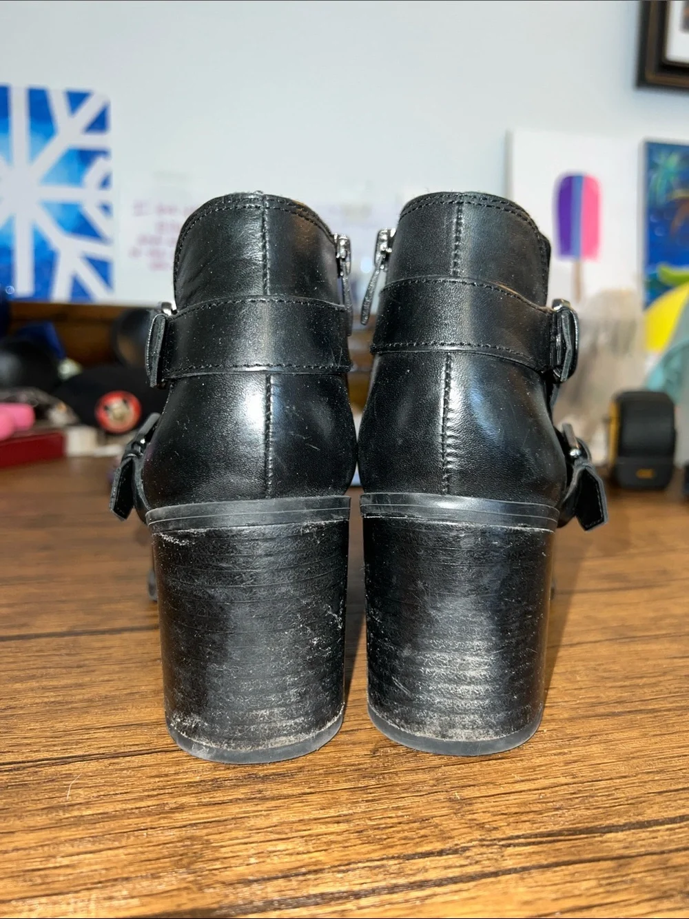 Franco Sarto Buck Black‎ Leather Ankle Booties with Double Buckles- 7